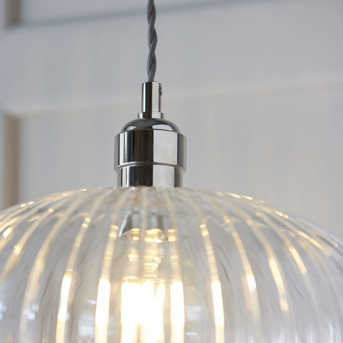 Hoburne Medium Pendant in Bright Nickel with Clear Ribbed Glass