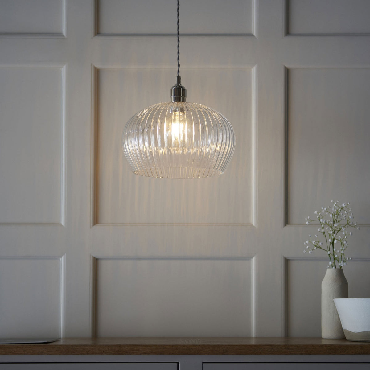 Hoburne Medium Pendant in Bright Nickel with Clear Ribbed Glass