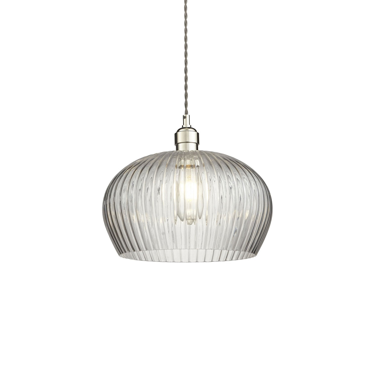 Hoburne Medium Pendant in Bright Nickel with Clear Ribbed Glass