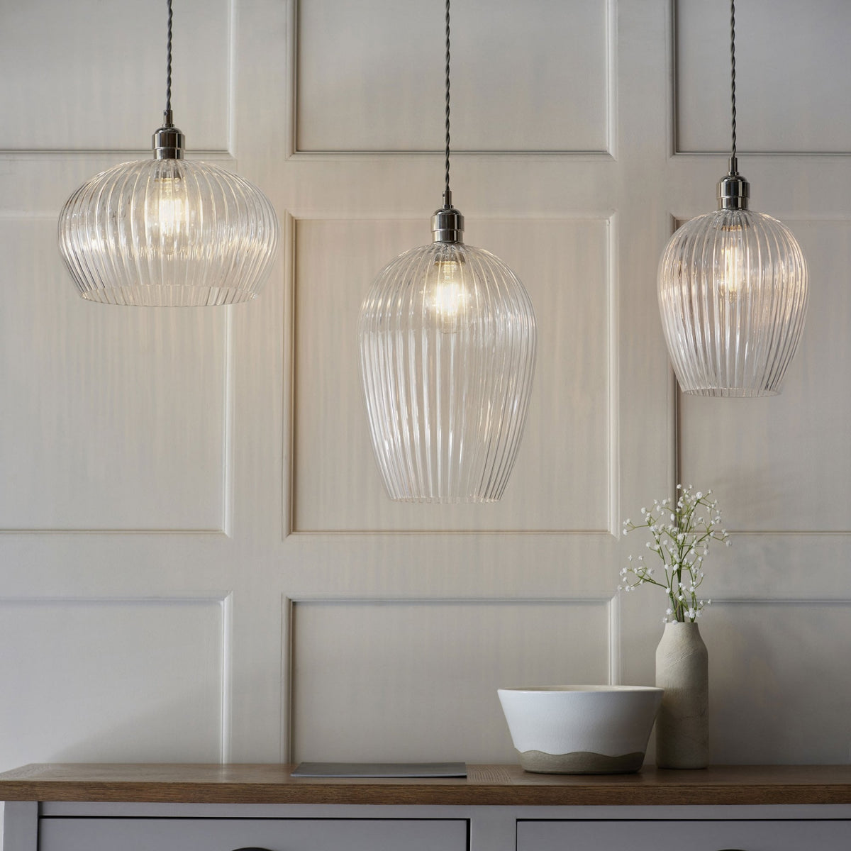 Hoburne Medium Pendant in Bright Nickel with Clear Ribbed Glass