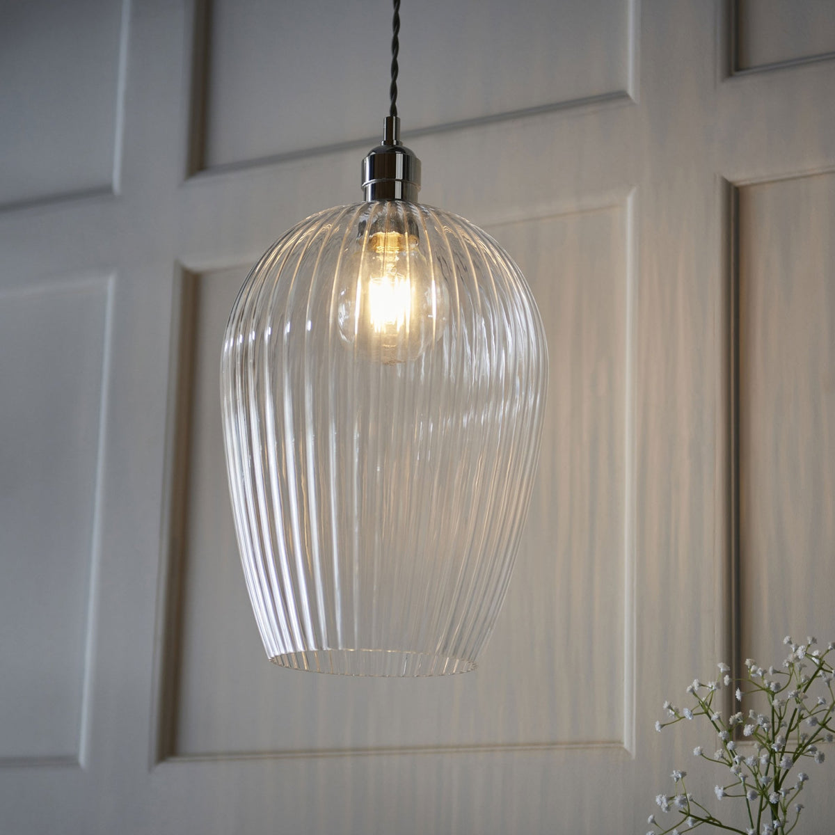 Hoburne Large Pendant in Bright Nickel with Clear Ribbed Glass