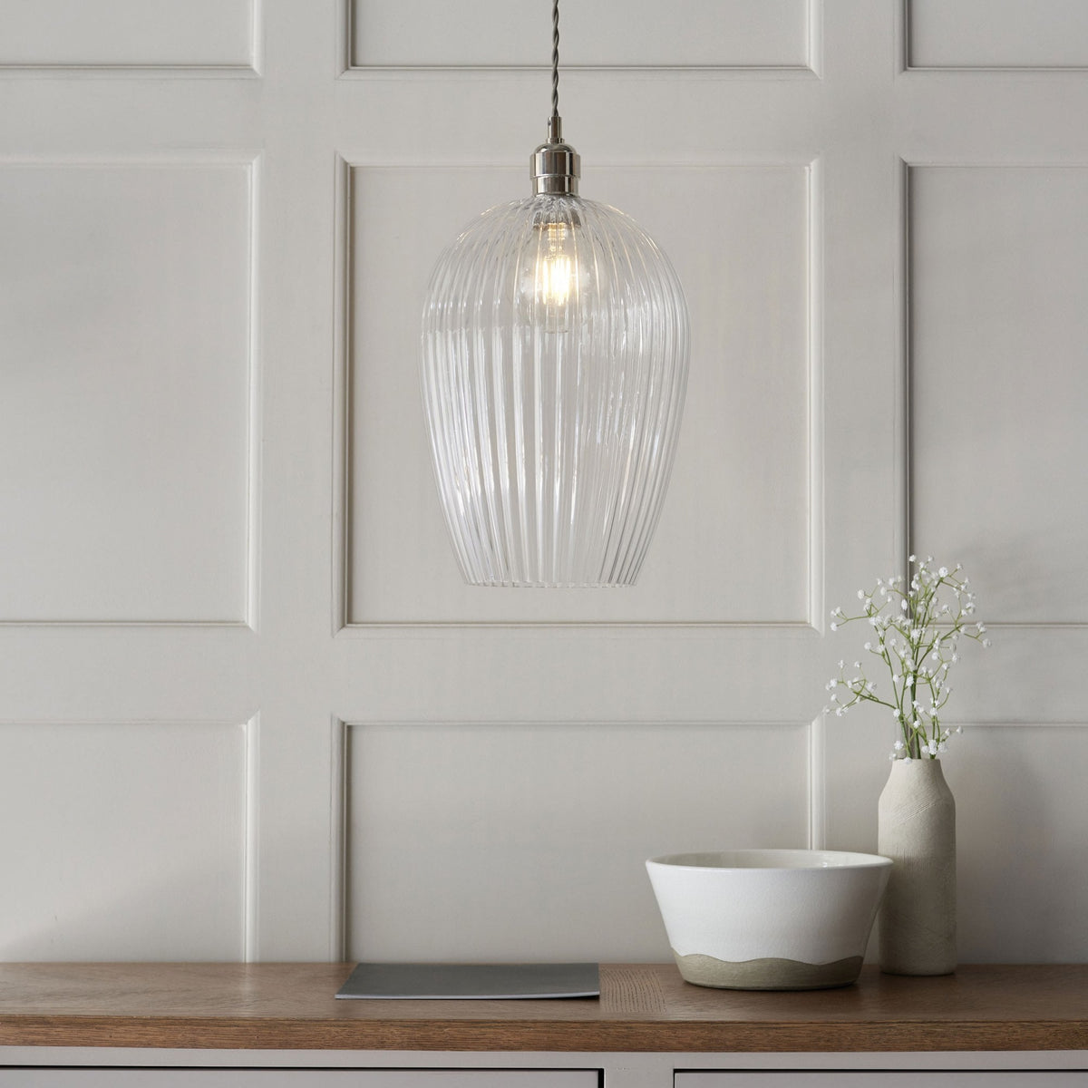 Hoburne Large Pendant in Bright Nickel with Clear Ribbed Glass
