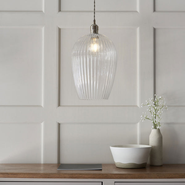 Hoburne Large Pendant in Bright Nickel with Clear Ribbed Glass
