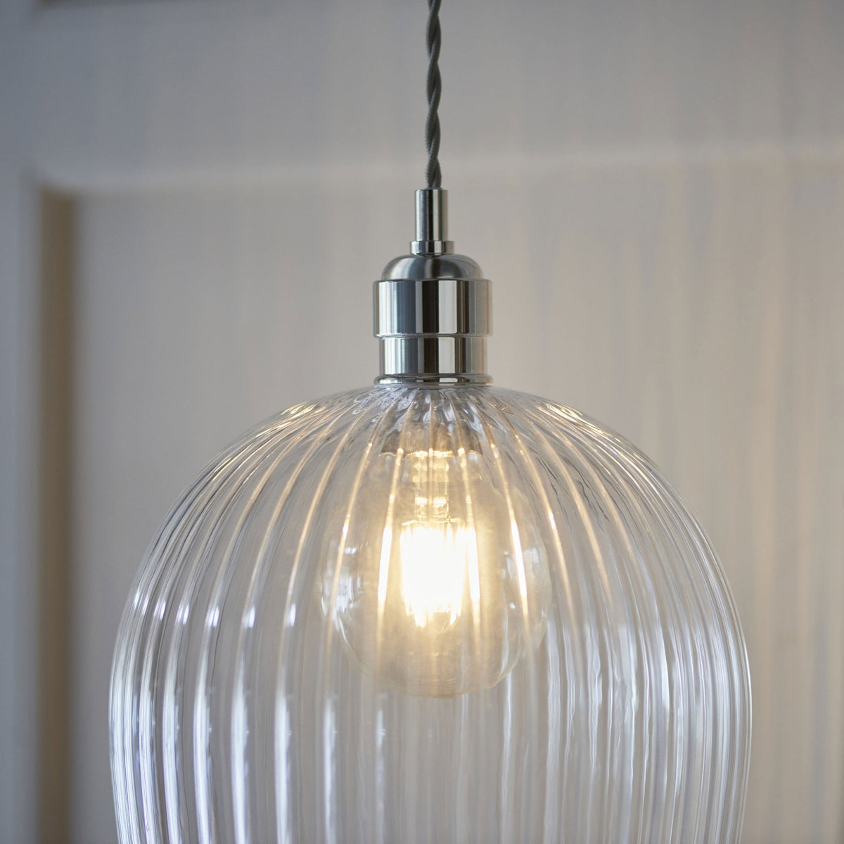 Hoburne Large Pendant in Bright Nickel with Clear Ribbed Glass