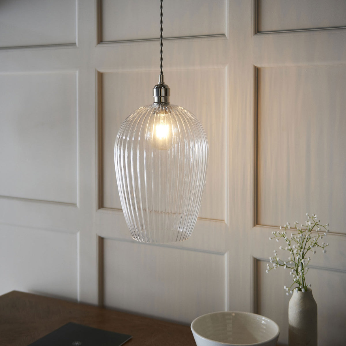 Hoburne Large Pendant in Bright Nickel with Clear Ribbed Glass