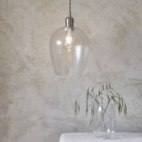 Hoburne Pendant in Bright Nickel with Clear Hammered Effect Glass