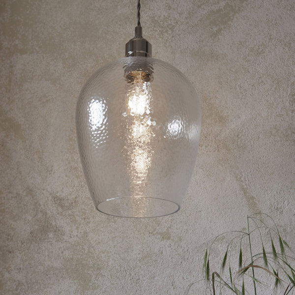 Hoburne Pendant in Bright Nickel with Clear Hammered Effect Glass
