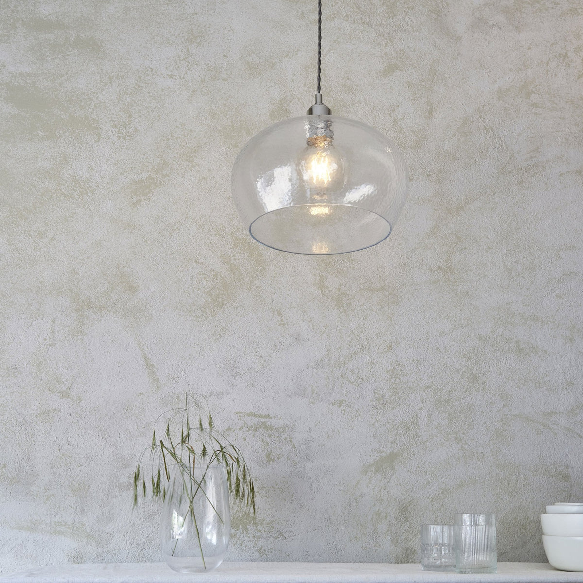 Hoburne Medium Pendant in Bright Nickel with Clear Hammered Effect Glass