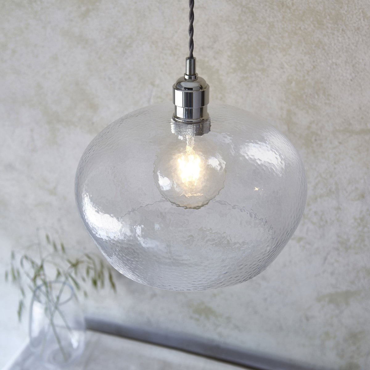 Hoburne Medium Pendant in Bright Nickel with Clear Hammered Effect Glass