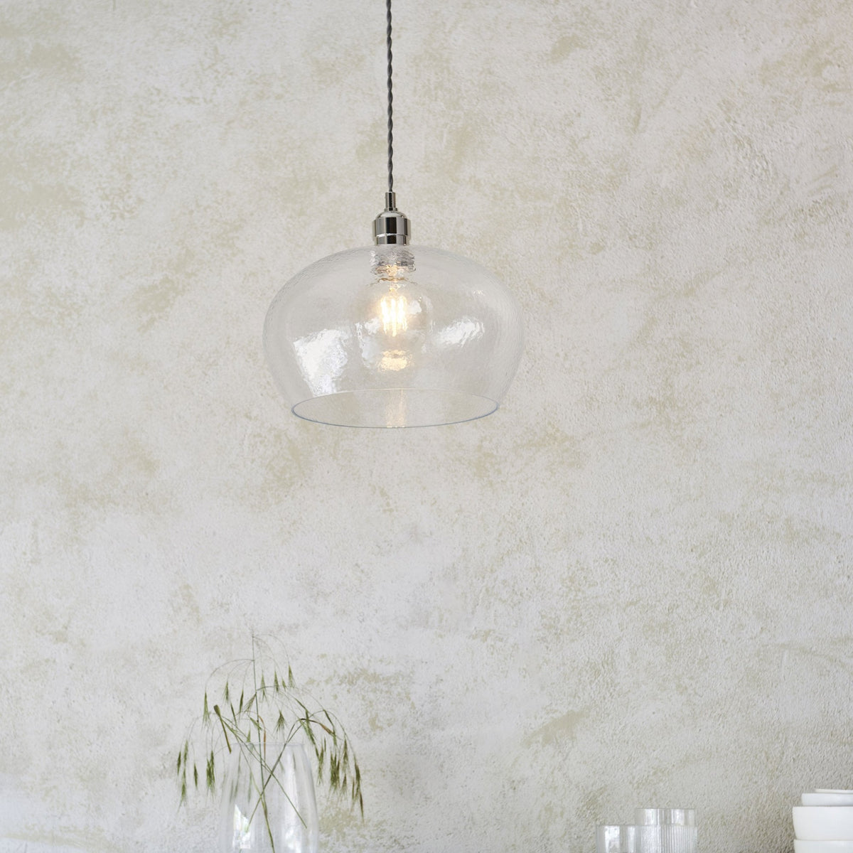Hoburne Medium Pendant in Bright Nickel with Clear Hammered Effect Glass