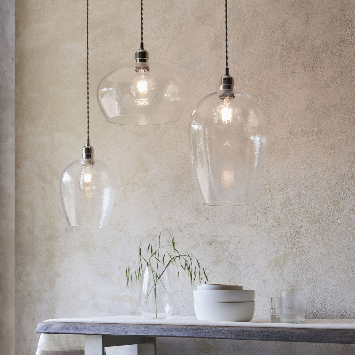 Hoburne Medium Pendant in Bright Nickel with Clear Hammered Effect Glass