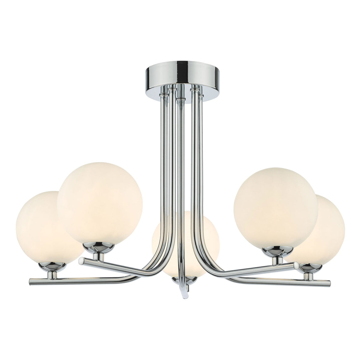 Chrome ceiling light with five frosted globe shades.