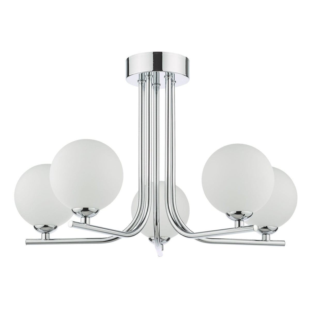 Chrome ceiling light with five frosted globe shades on curved arms.