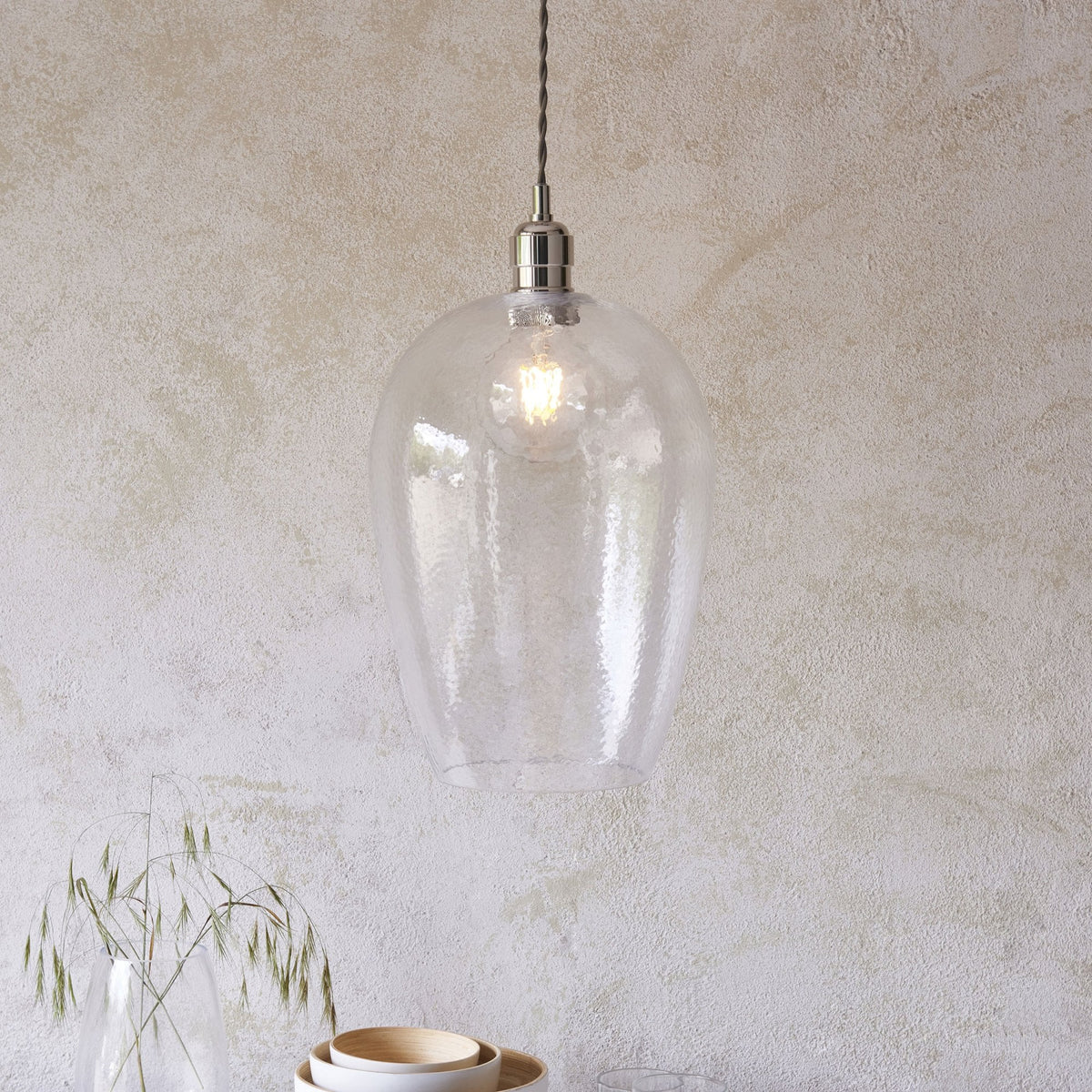 Hoburne Large Pendant in Bright Nickel with Clear Hammered Effect Glass