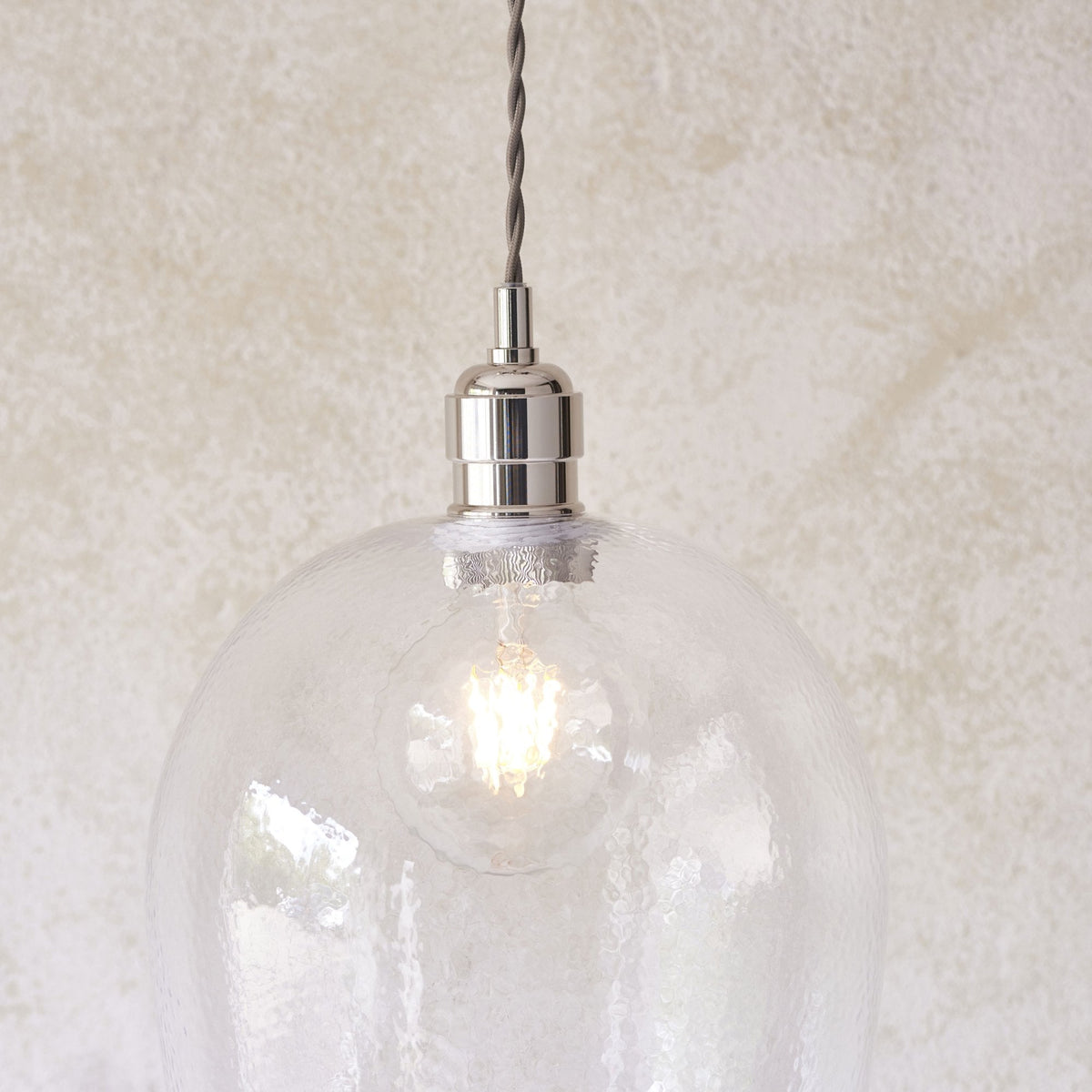 Hoburne Large Pendant in Bright Nickel with Clear Hammered Effect Glass