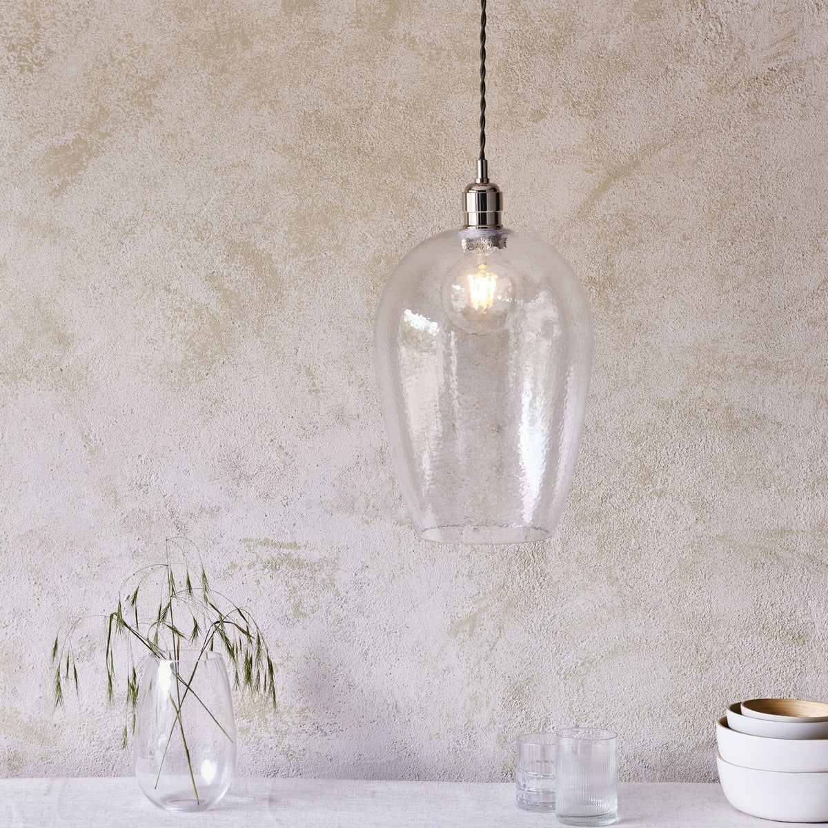 Hoburne Large Pendant in Bright Nickel with Clear Hammered Effect Glass