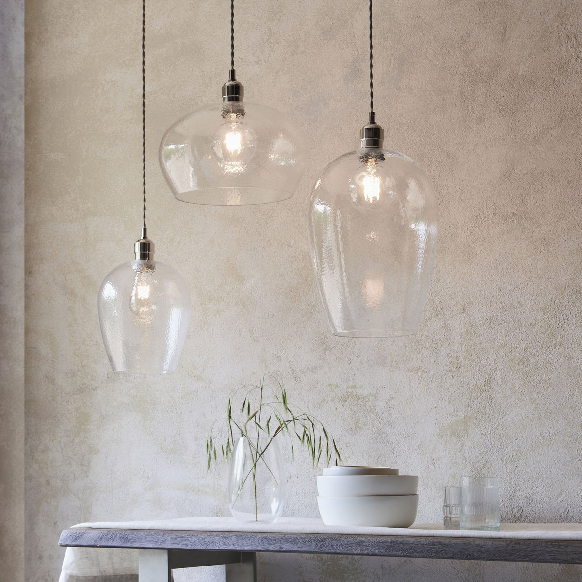 Hoburne Large Pendant in Bright Nickel with Clear Hammered Effect Glass