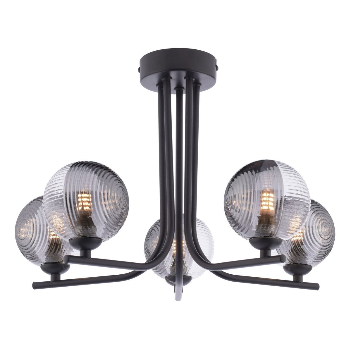 Black chandelier with five textured glass globes, each containing an illuminated bulb.