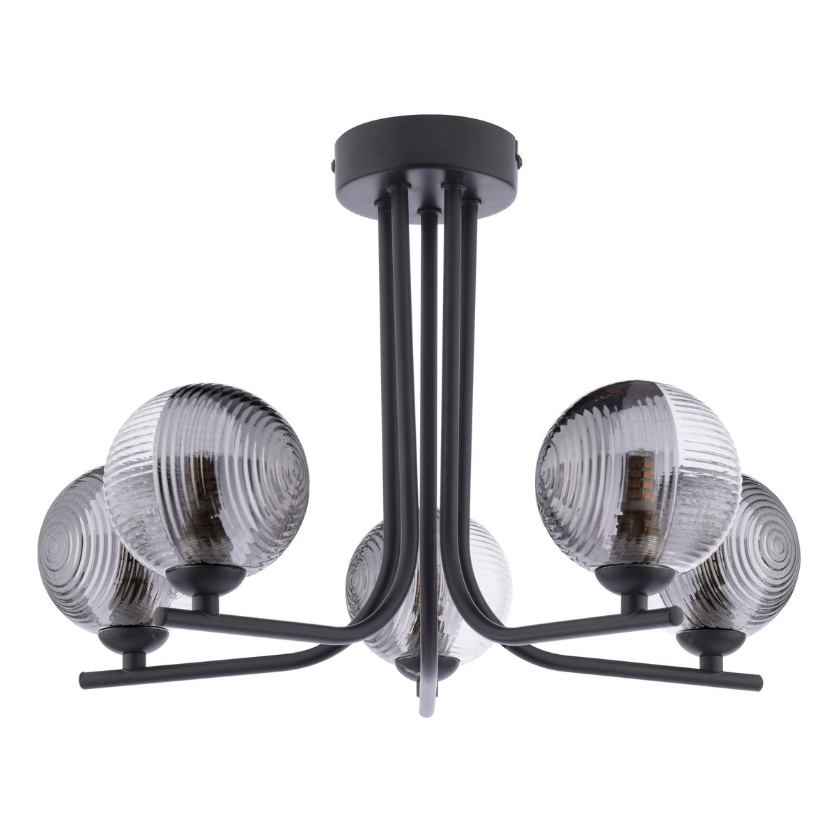 Black chandelier with five clear, textured glass globes, each containing a light bulb.