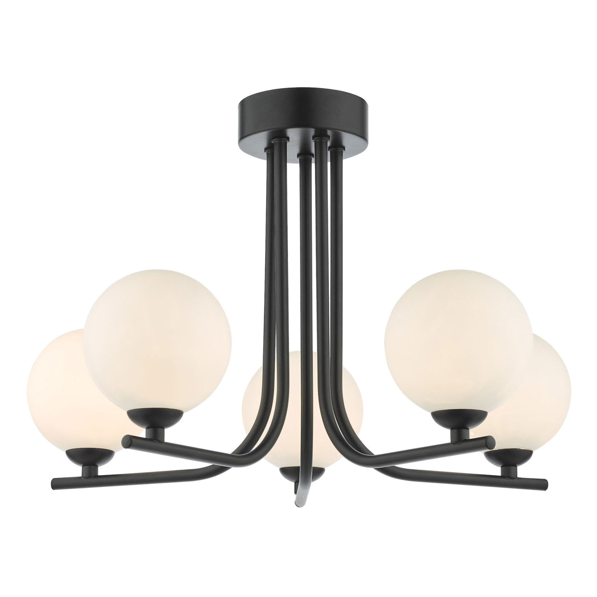Cradle 5 Light Semi Flush Ceiling Light In Matt Black With Opal Glass Shades