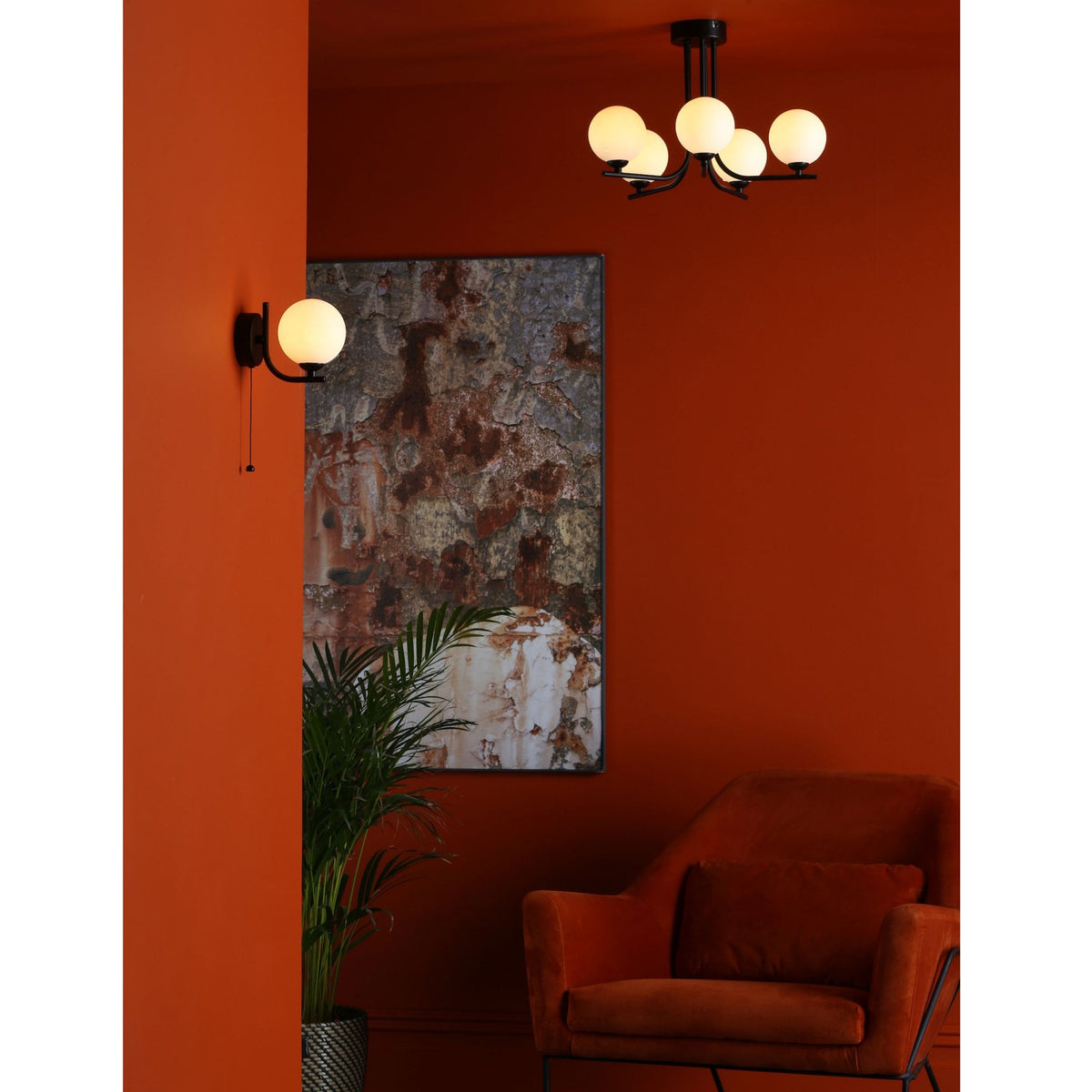 Cradle 5 Light Semi Flush Ceiling Light In Matt Black With Opal Glass Shades