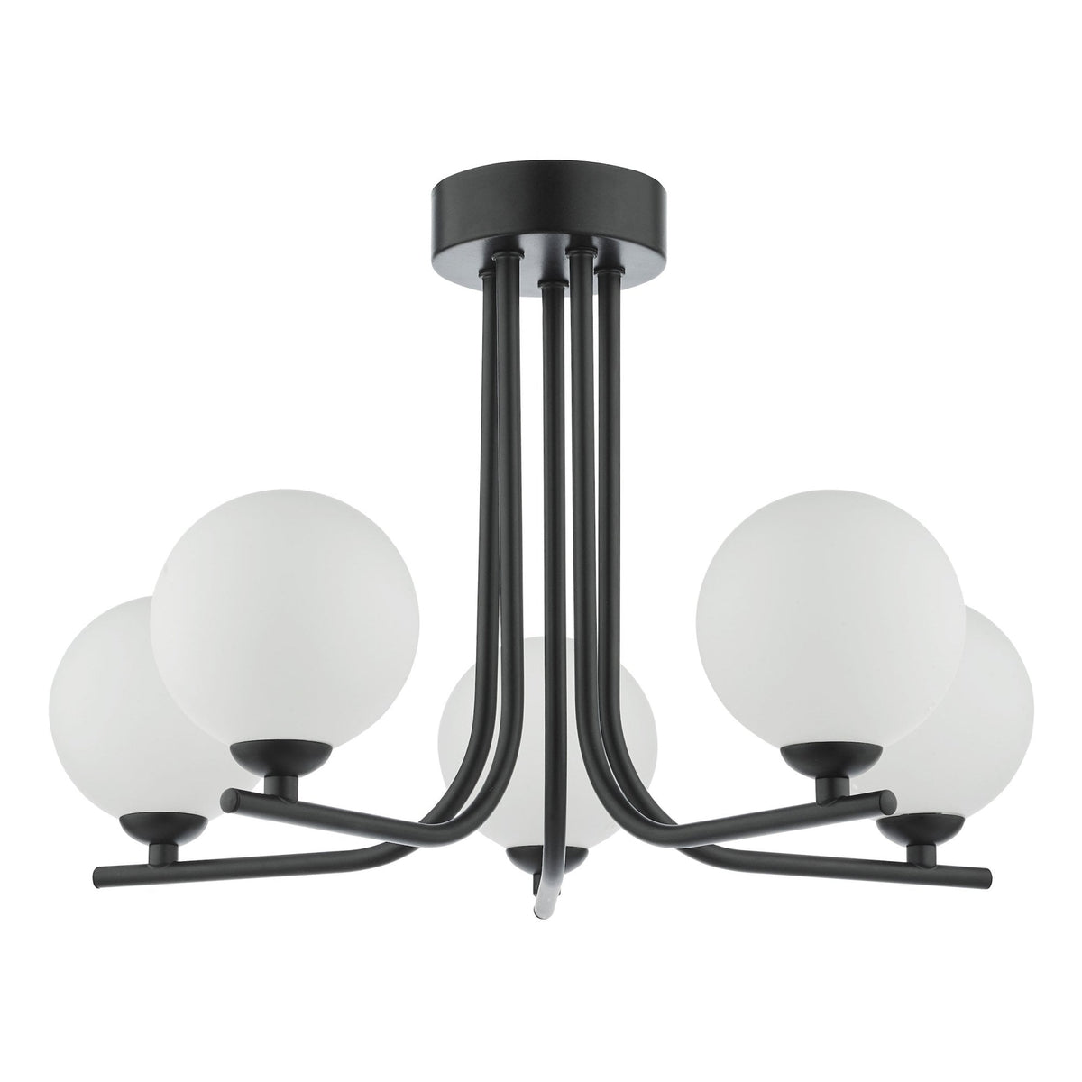 Cradle 5 Light Semi Flush Ceiling Light In Matt Black With Opal Glass Shades