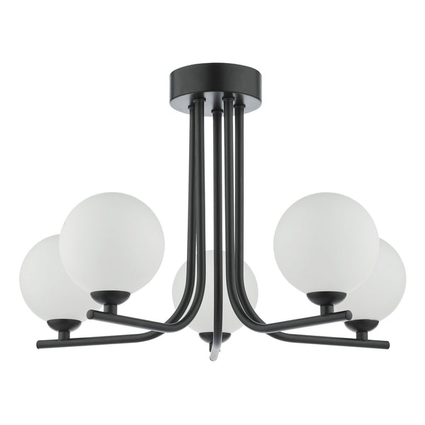 Black ceiling light with five white globe shades on a white background.