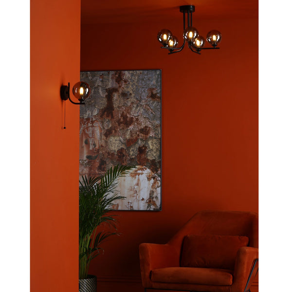 Cradle 5 Light Semi Flush Ceiling Light In Matt Black With Smoked Glass Shades