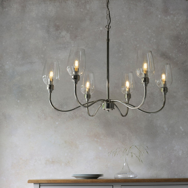 Martell Six Light Pendant in Bright Nickel & Clear Glass