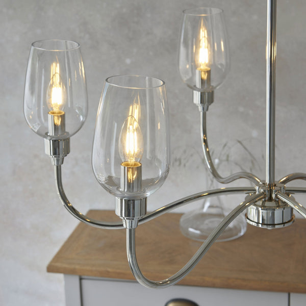 Martell Six Light Pendant in Bright Nickel & Clear Glass