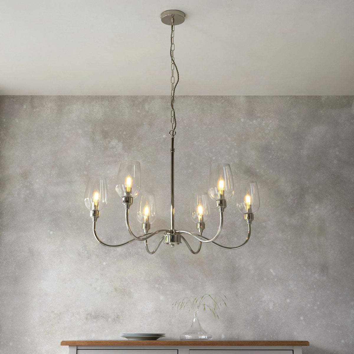 Martell Six Light Pendant in Bright Nickel & Clear Glass