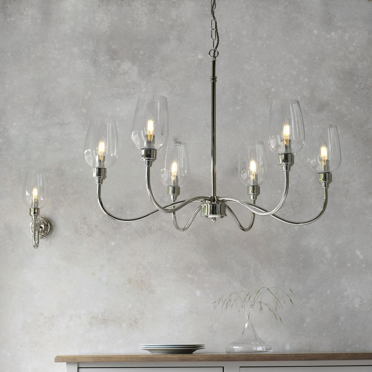 Martell Six Light Pendant in Bright Nickel & Clear Glass
