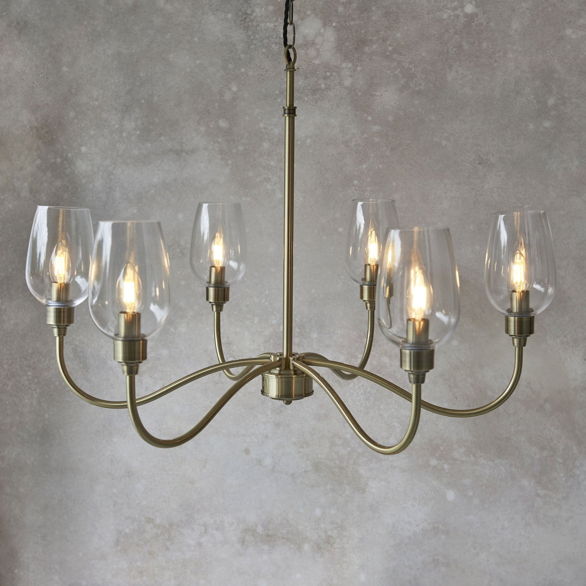 Martell Six Light Pendant in Antique Brass & Clear Glass