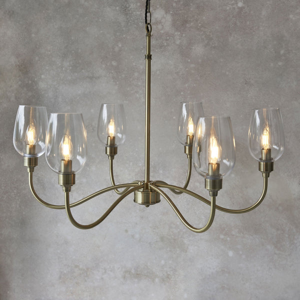 Martell Six Light Pendant in Antique Brass & Clear Glass