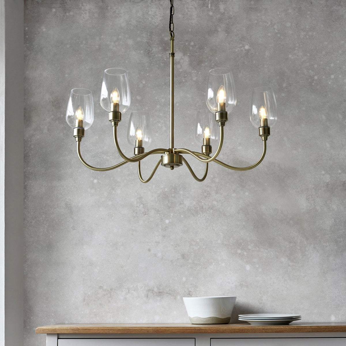 Martell Six Light Pendant in Antique Brass & Clear Glass