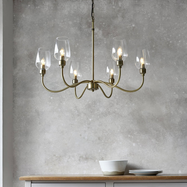 Martell Six Light Pendant in Antique Brass & Clear Glass