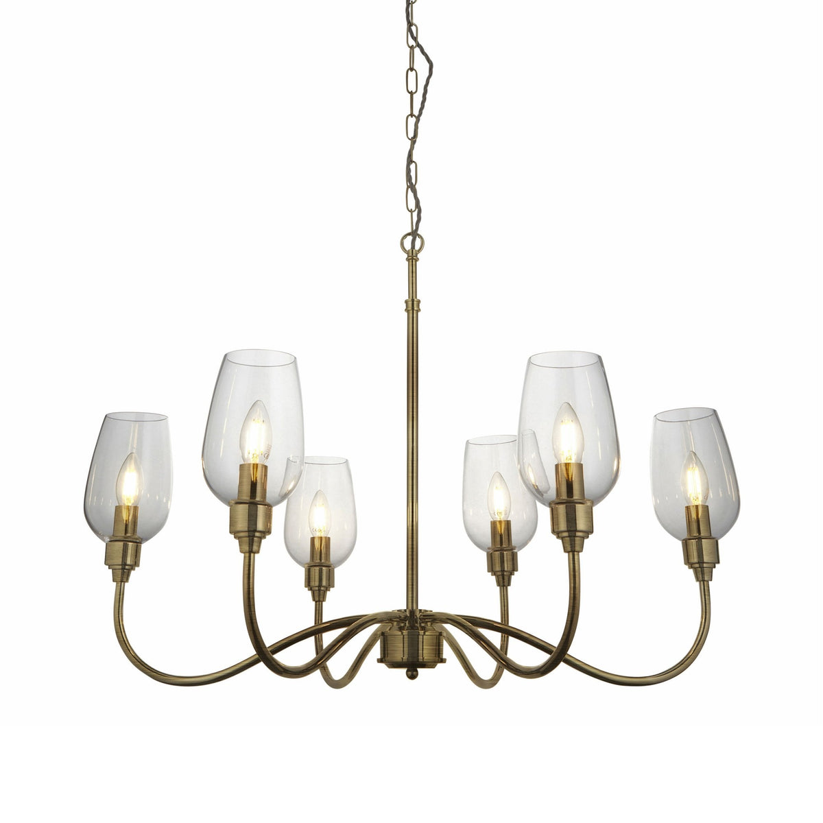 Martell Six Light Pendant in Antique Brass & Clear Glass