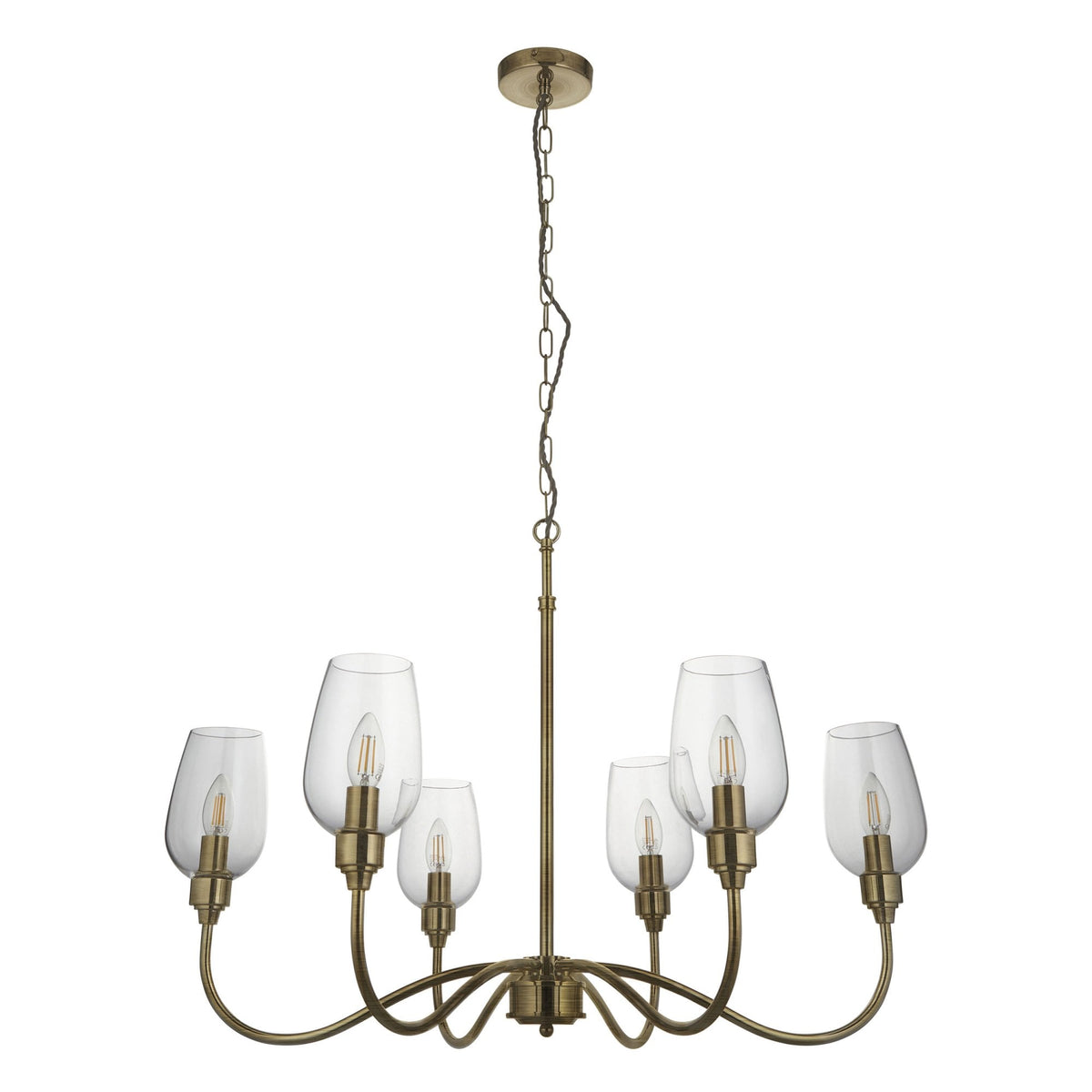 Martell Six Light Pendant in Antique Brass & Clear Glass