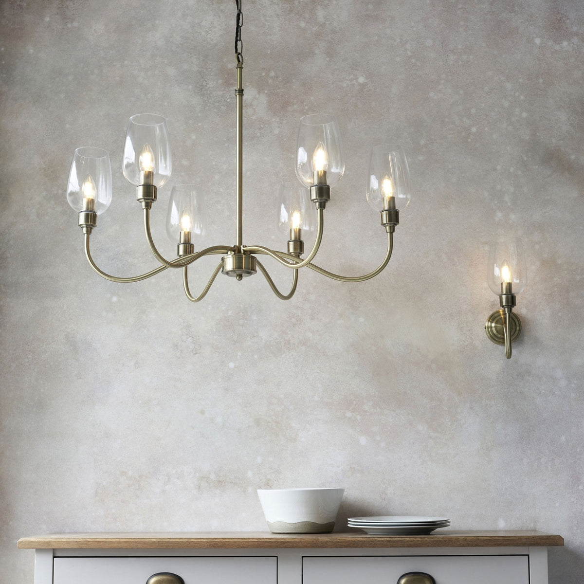 Martell Six Light Pendant in Antique Brass & Clear Glass