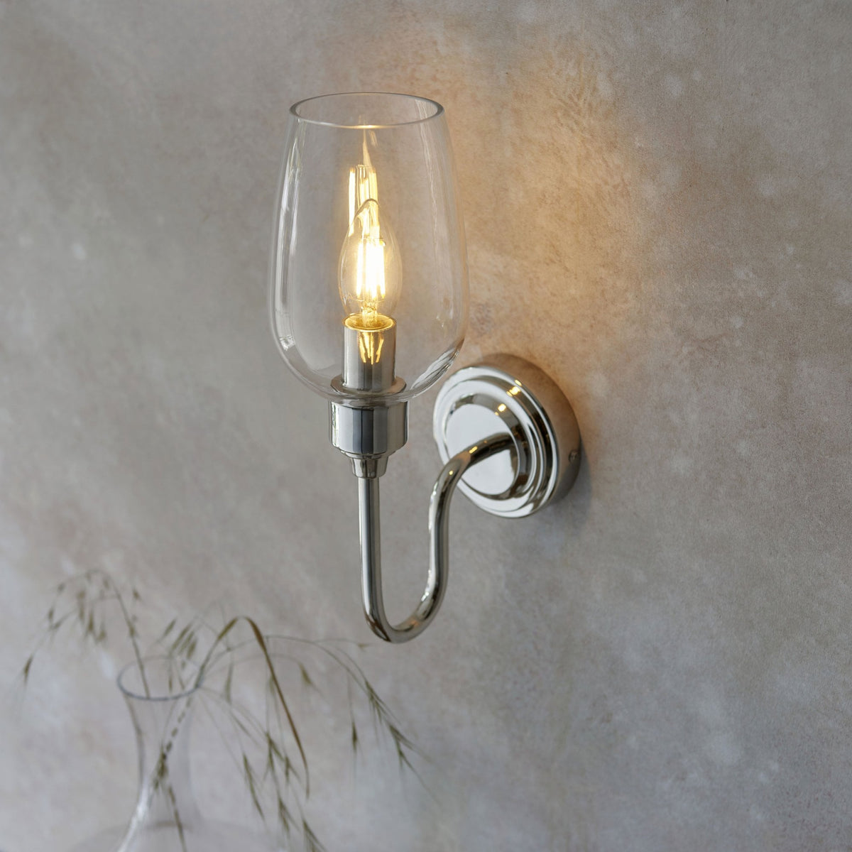 Martell Single Wall Light in Bright Nickel & Clear Glass