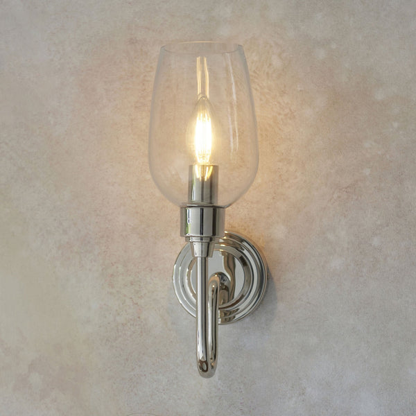 Martell Single Wall Light in Bright Nickel & Clear Glass