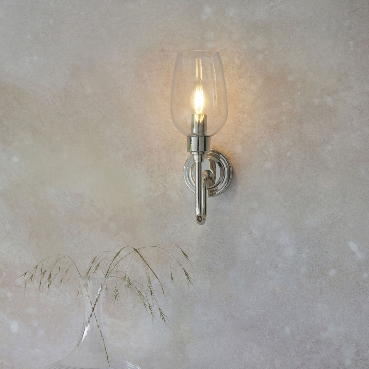 Martell Single Wall Light in Bright Nickel & Clear Glass