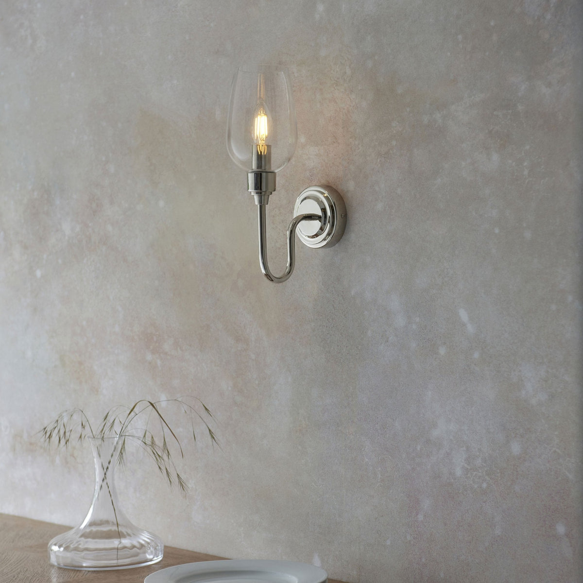 Martell Single Wall Light in Bright Nickel & Clear Glass
