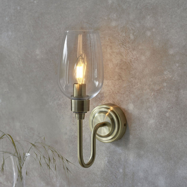 Martell Single Wall Light in Antique Brass & Clear Glass