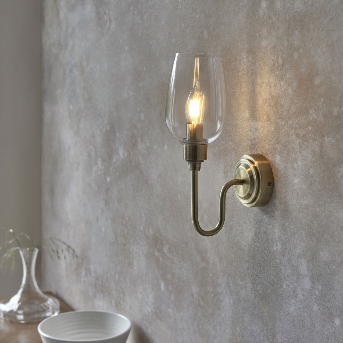 Martell Single Wall Light in Antique Brass & Clear Glass