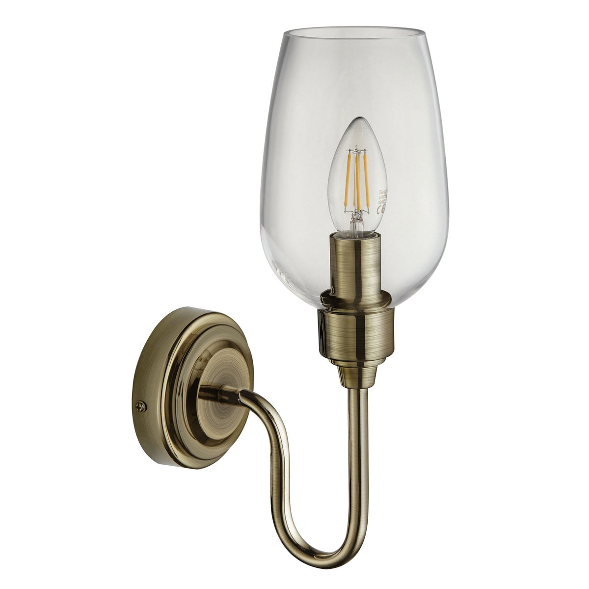 Martell Single Wall Light in Antique Brass & Clear Glass