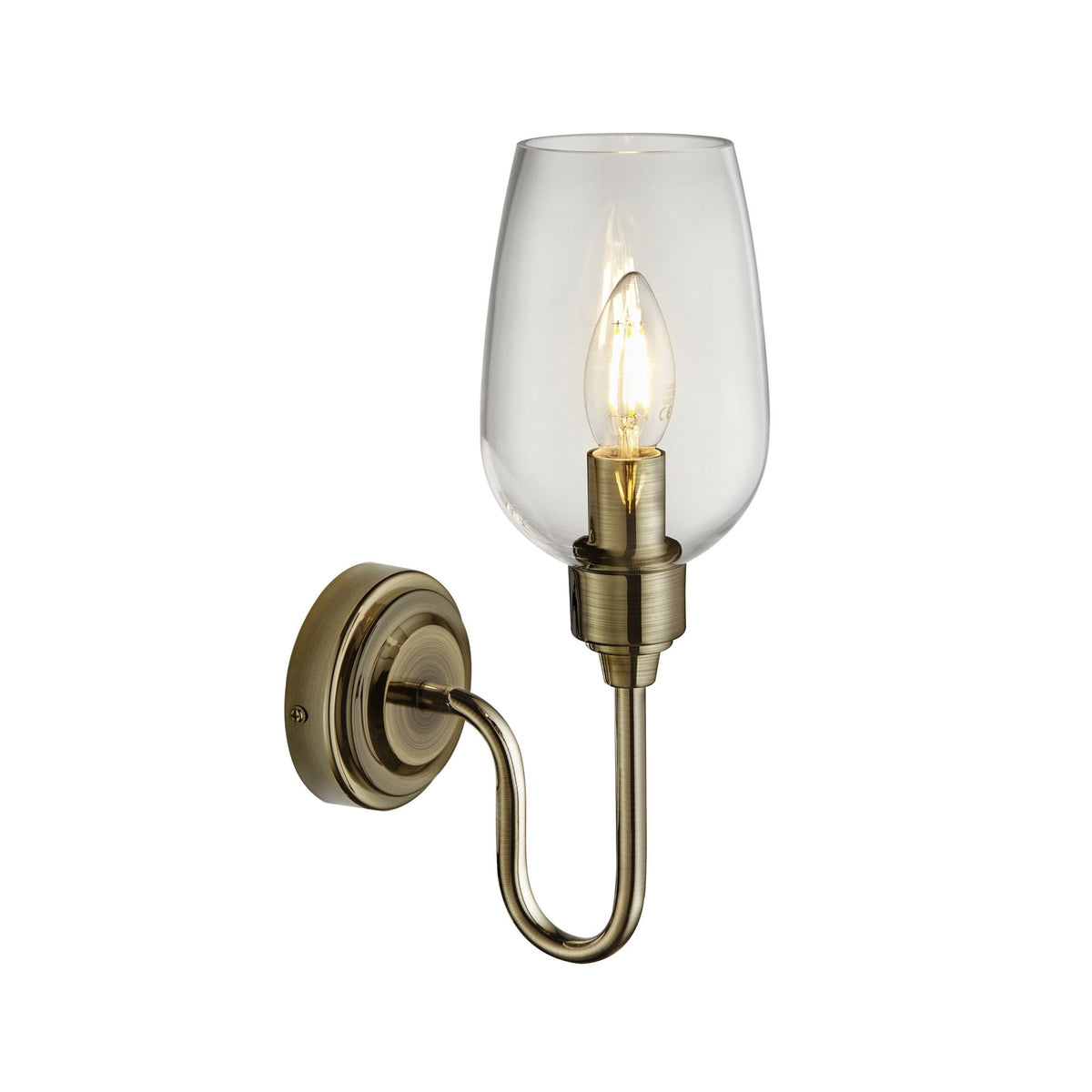 Martell Single Wall Light in Antique Brass & Clear Glass