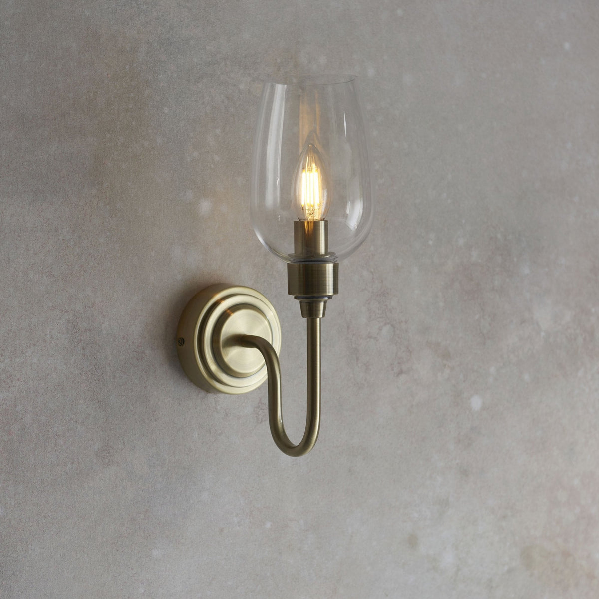 Martell Single Wall Light in Antique Brass & Clear Glass