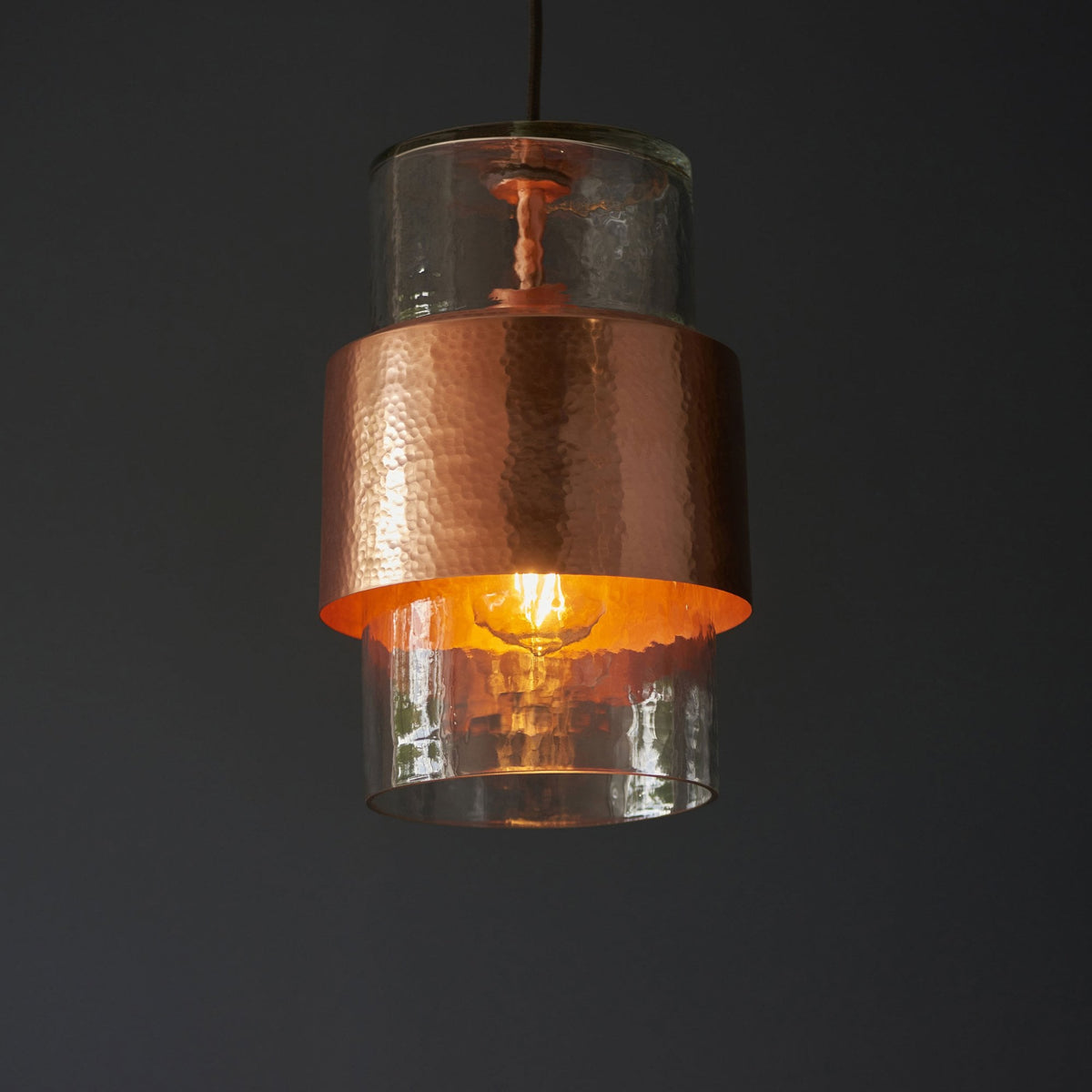 Chiswell Pendant in a Hammered Copper & Clear Textured Glass