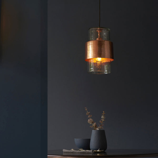Chiswell Pendant in a Hammered Copper & Clear Textured Glass